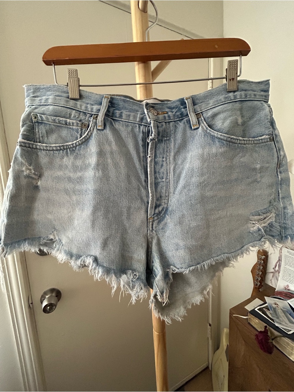 New Agolde Light Blue Distressed Denim Cutoff Shorts